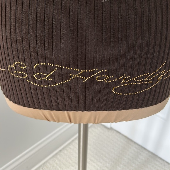 Ed Hardy Brown Ribbed Rhinestone Cold Shoulder Sweater - Picture 6 of 12